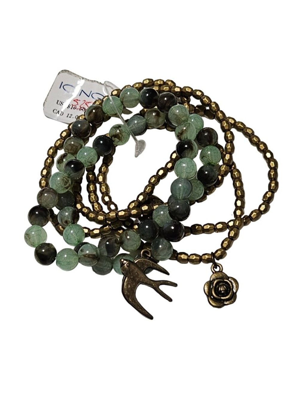 Y2K Icing Charm Bracelets Gold Tone Bird Rose Charm Green Crackle Beads Lot of 6